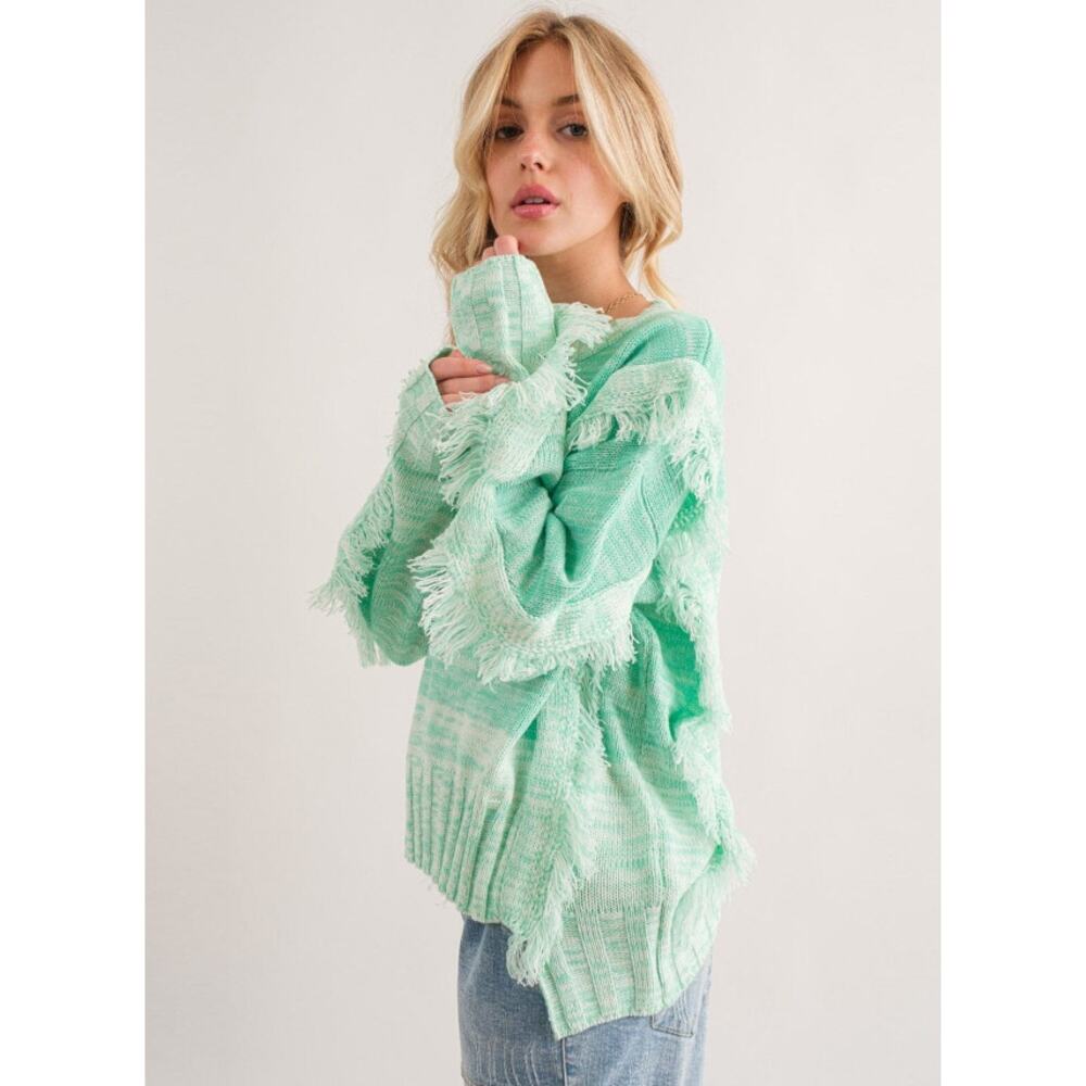 Mint Green Frayed Knit Sweater Textured Lightweight Size M/L